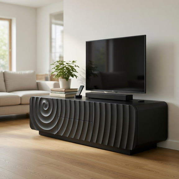 Topcobe 58" TV Console with Modern Unique Spiral Wave Design with Storage Cabinet and 2 Drawers TV Stand, TV Console Table, Wood TV Stand for Living Room, Bedroom, Black