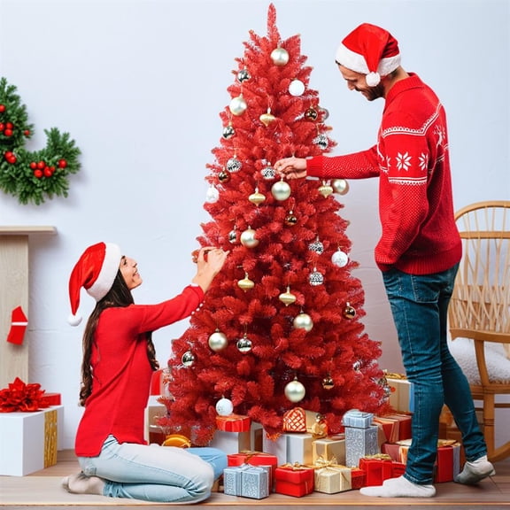 Topcobe 5FT PVC Christmas Tree, Hinged Branches for Easy Setup, Stable Metal Base, 624 Tips, Bold Holiday Decor, Red