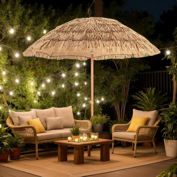 Topcobe 6.5 Feet Thatched Umbrella with Foldable Stand Push Button Tilt, Outdoor Table Umbrella, Patio Umbrella-Natural