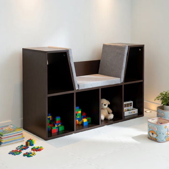 Topcobe 6-Cubby Kid Storage Bookcase Cushioned Reading Nook, Kids Toy Storage Organizer-Brown