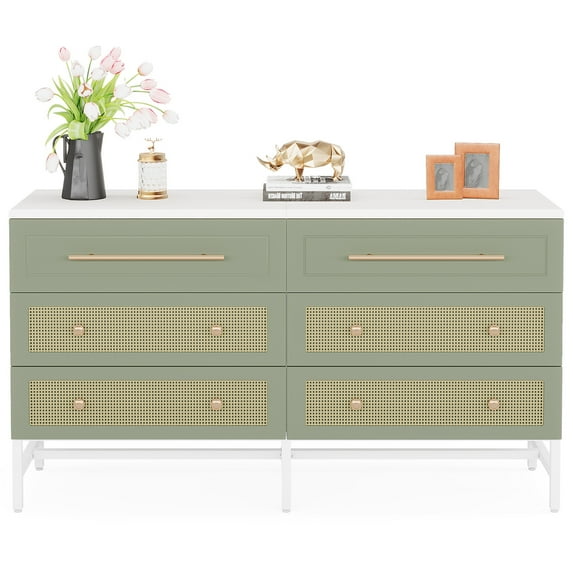 Topcobe 6 Drawer Dresser, Modern Rattan Dresser for Bedroom, 55 inch Long Double Dresser Wood Storage Organizer Chest of Drawers for Closet Living Room Hallway, White and Green