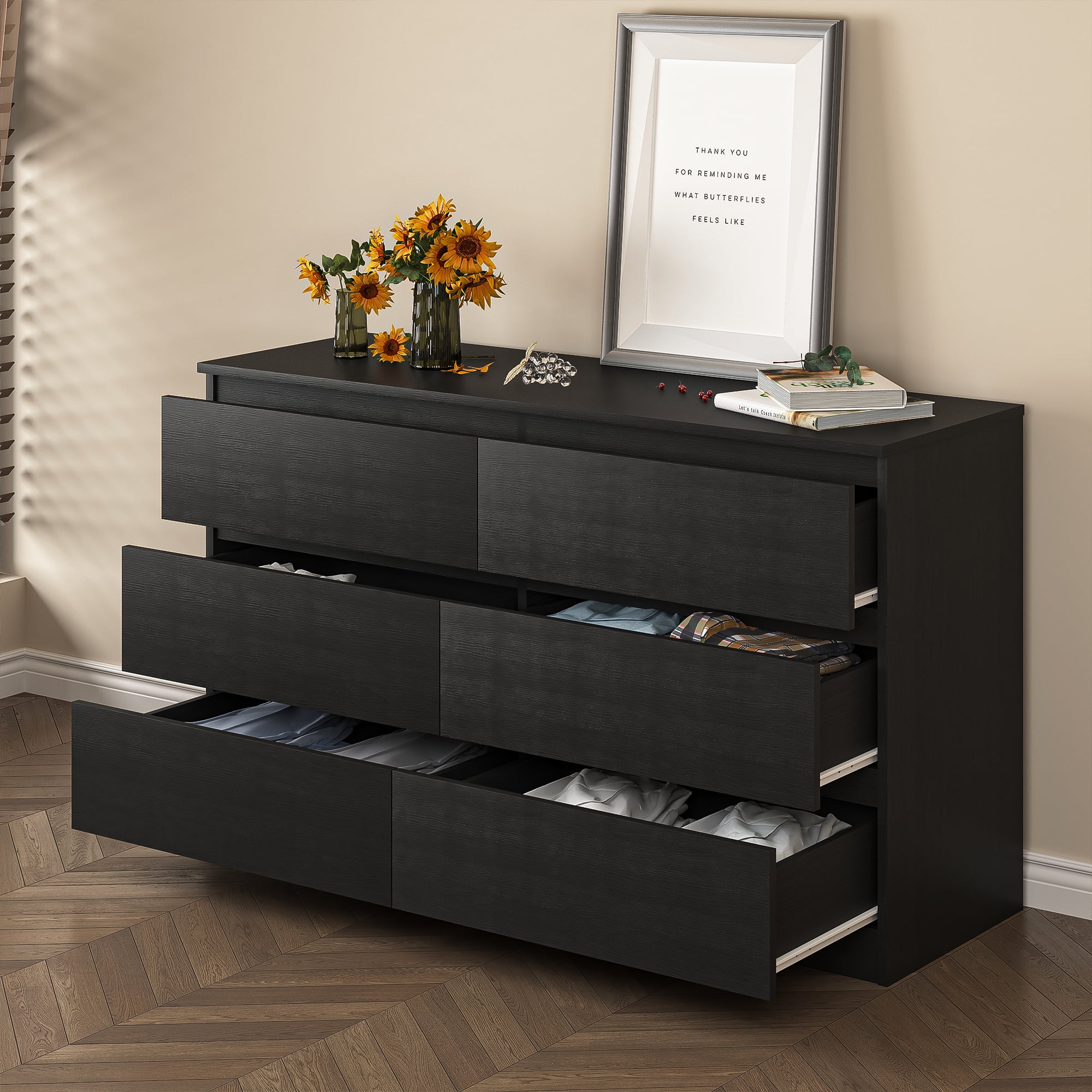Topcobe 6-Drawer Wide Chest of Drawers, Storage Drawer Organizer, Traditional Bedroom Dresser, Sideboard Buffet for Living Room, Black