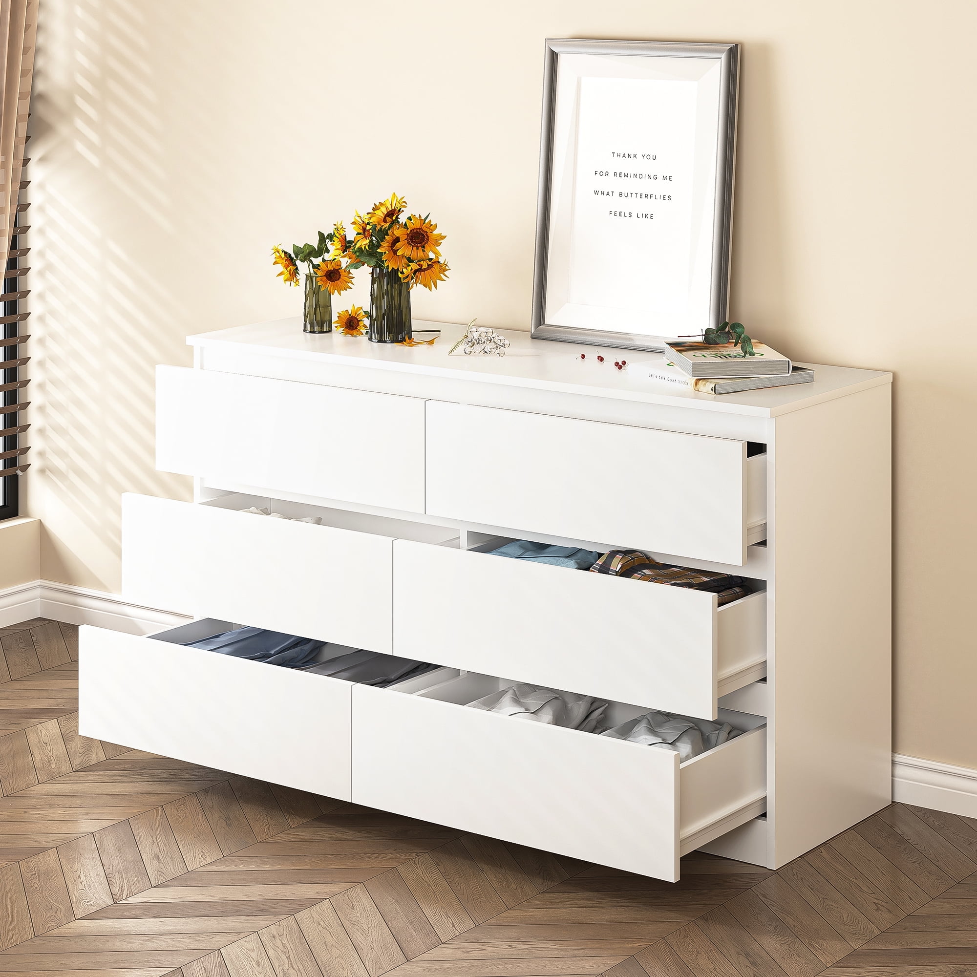 Topcobe 6-Drawer Wide Chest of Drawers, Storage Drawer Organizer, Traditional Bedroom Dresser, Sideboard Buffet for Living Room, White