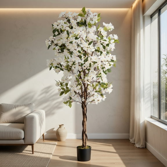 Topcobe 6 Feet Artificial Bougainvillea Tree with 910 White Flowers, Artificial Trees for Home Decor Indoor Outdoor, 1 Piece