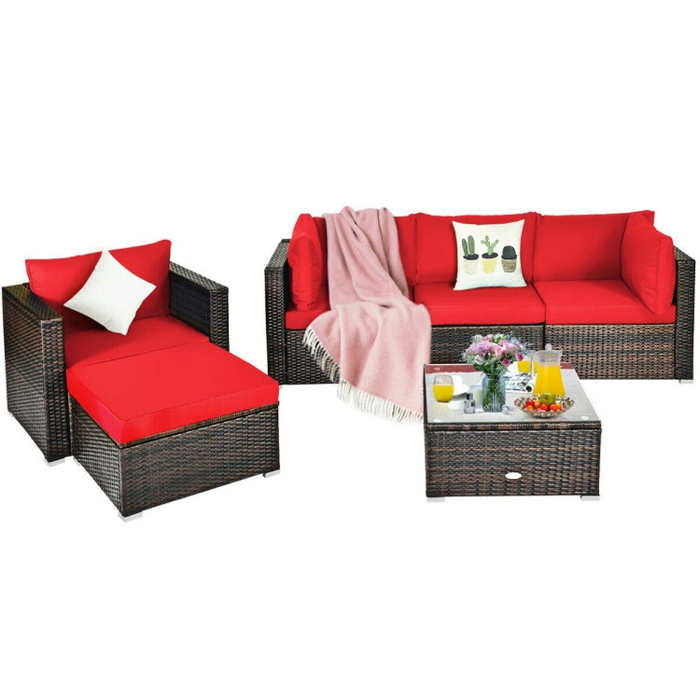 6-Piece Red Cushioned PE Rattan Outdoor Sectional Sofa Set