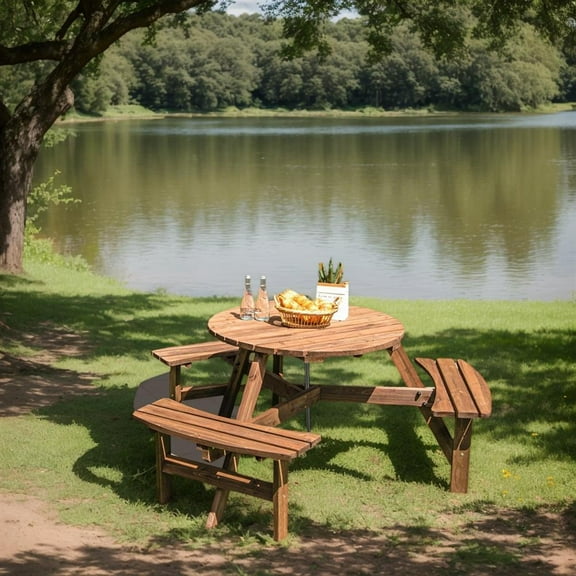 Topcobe 6 Person Wooden Picnic Table Set with Bench and Umbrella Hold, Outdoor Patio Furniture for Balcony Garden Backyard