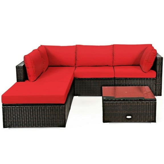 Topcobe 6 Pieces Outdoor Patio Rattan Furniture Set Sofa Ottoman, Outdoor Patio Furniture for Garden Backyard-Red