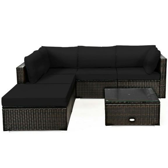 Topcobe 6 Pieces Outdoor Patio Rattan Sectional Sofa Set with Coffee Table, Modern Patio Furniture Set-Black