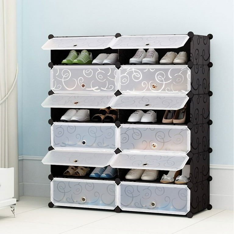 Topcobe 6 Tier Storage Organizer Black Shoe Rack 12 Cube Storage Unit with Doors Plastic Cube Storage Shelves for Bedroom Living Room Office