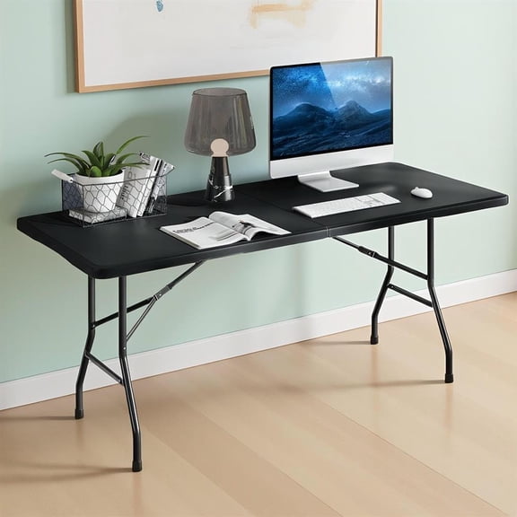 Topcobe 6 ft Portable Folding Table 350 LBS Fold-in-Half Table with HDPE Tabletop, Outdoor Camping Equipment for Travel, Picnic, Party-Black