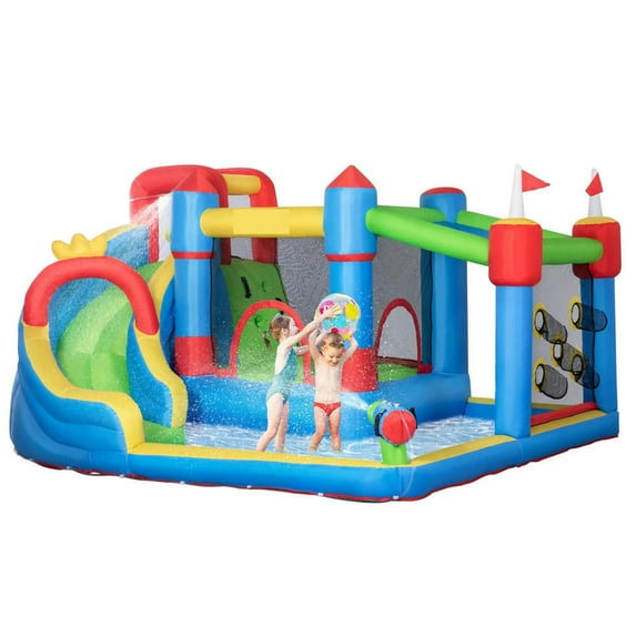 Topcobe 6-in-1 Inflatable Bounce House with Slide, Climbing Wall, Water Cannon, Inflatable Water Slide for Kids with 2 Min. Inflation without Inflator, Kids Bounce House for Kids Backyard Activity