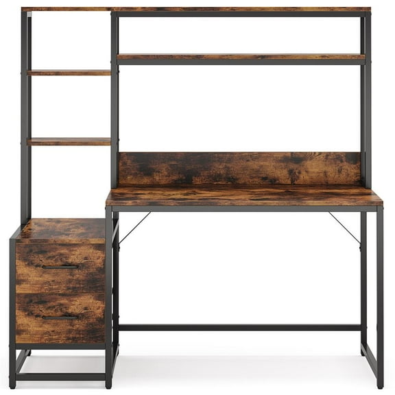 Topcobe 60" Tall Computer Desk Writing Table with 2 Drawers and Storage Shelves, Modern Furniture for Indoor, Rustic Brown