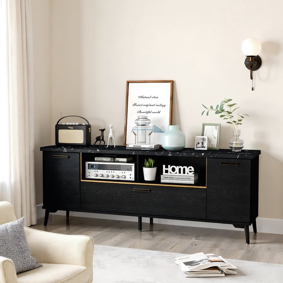 Topcobe 63 Inch TV Stand with Flip Door Cabinet for TVs up to 75 Inch, Modern Furniture for Indoor, Cabinet for Living Room-Black