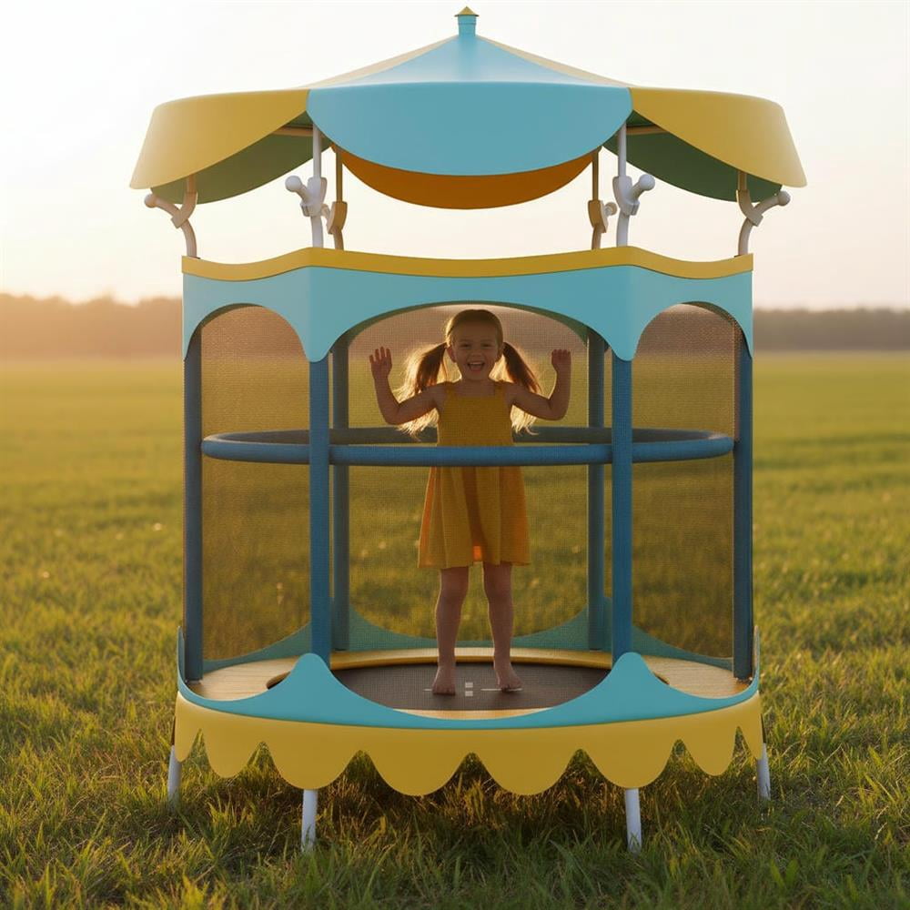 Topcobe 64" Kids Trampoline with Detachable Canopy and Safety Enclosure Net, Recreational Trampolines for Kids, Large Trampoline for Outdoor Backyards-Yellow