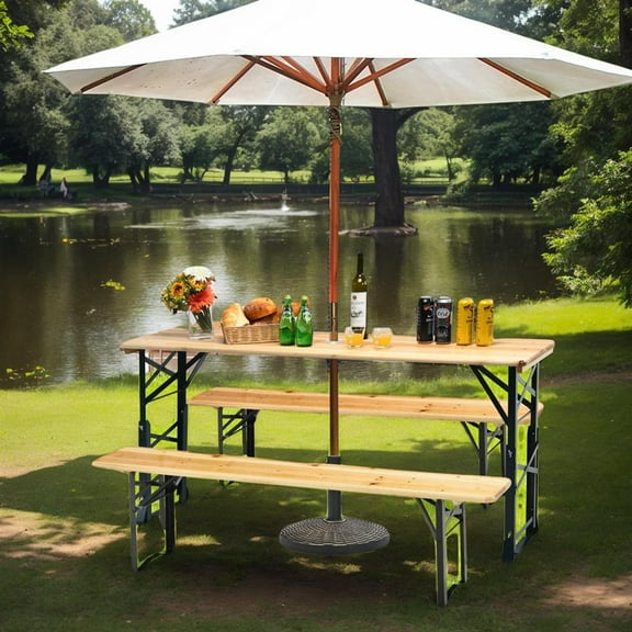 Topcobe 66.5 Inch Outdoor Wood Folding Picnic Table with Adjustable Heights, Outdoor Patio Furniture for Balcony Garden Backyard