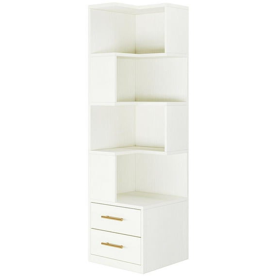 Topcobe 66.9" L-Shaped Bookshelf, Corner Bookcase With 5-Tier Shelf And 2 Drawers, Book Shelf, Shelves for Bedroom Living Room