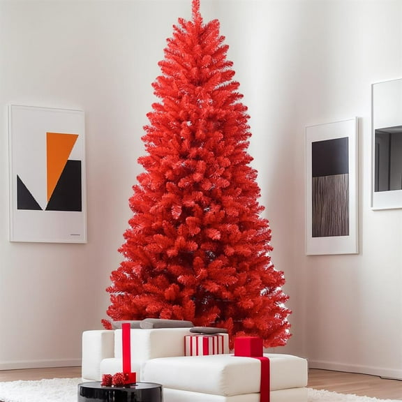 Topcobe 6FT PVC Christmas Tree with Hinged Branches for Easy Setup, Stable Metal Base, Bold Holiday Decor, 804 Tips, Red