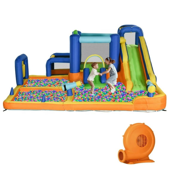 Topcobe 7 in 1 Water Slide w/ Slide Pool Climbing Wall Water Cannon Basketball Hoop Boxing Post Football Stand for 3-8 Years, Kids Bounce House for Kids Backyard Activity