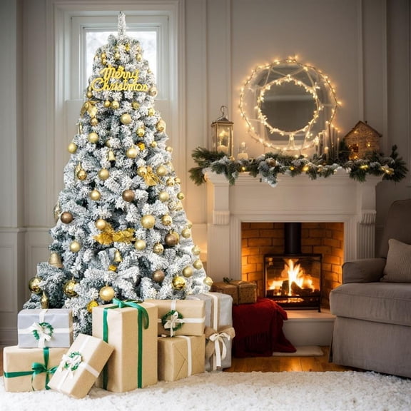 Topcobe 7.5 Feet Snow Flocked Hinged Artificial Christmas Tree without Lights, Christmas Tree with Lights for Christmas Decoration