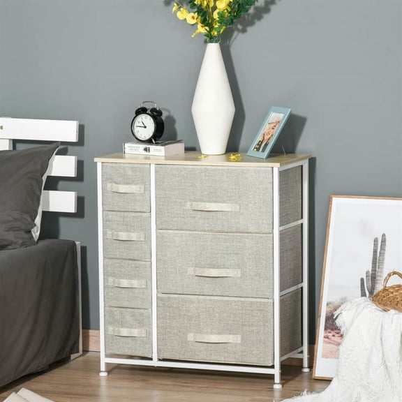 Topcobe 7-Drawer Storage Tower, Bedroom Cabinet Organizer with Easy Pull Fabric Bins, Metal Frame, Light Gray for Closets