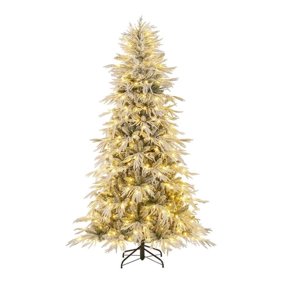 Topcobe 7 Feet Snow-flocked Artificial Christmas Tree Pre-lit Hinged Xmas Tree with Warm White LED Lights, Christmas Decorations for Indoor Party
