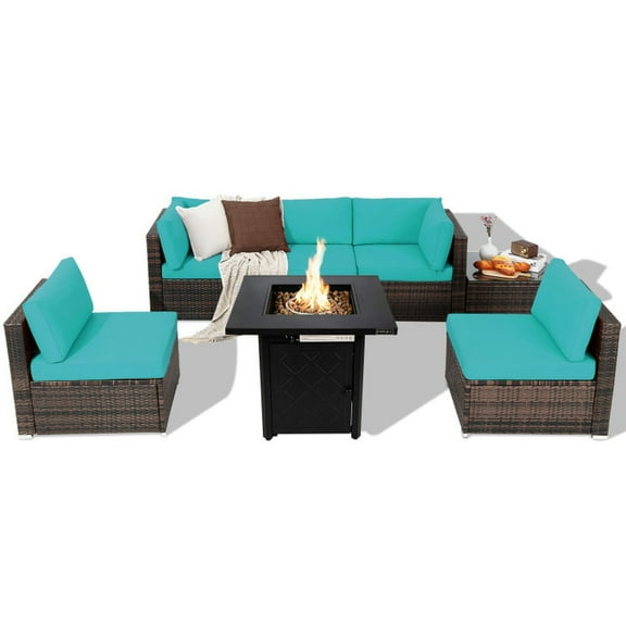 Topcobe 7 Pieces Patio Furniture Set with 28 Inches 50000 BTU Propane Gas Fire Pit Table, Outdoor Patio Furniture for Garden Backyard Pool Deck-Turquoise