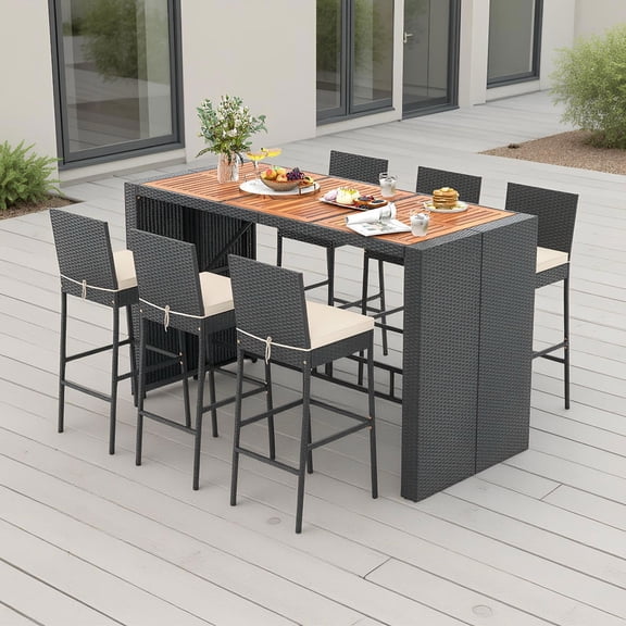 Topcobe 7 Pieces Patio Rattan Bar Set with Seat Cushions for Porch Yard Garden, Outdoor Patio Furniture for Porch Balcony Garden Backyard