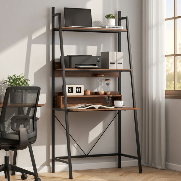 Topcobe 71" H Freestanding Laptop Desk with Open Shelves for Living Room Bedroom Study, Computer Workstations for Living Room, Bedroom, Brown
