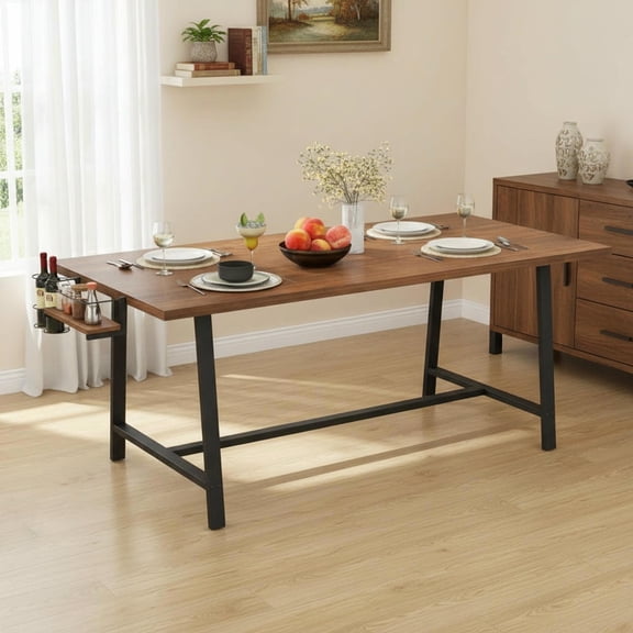 Topcobe 72" Dining Table Rectangular Kitchen Table with 2-Bottle Wine Rack for 5-7, Furniture Table for Living Room, Easy Assembly, Classic Design, Walnut