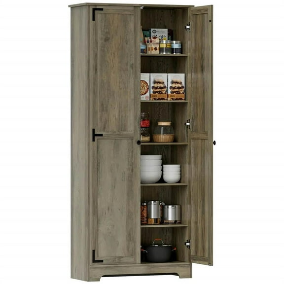 Topcobe 72-Inch Rustic Pantry Cabinet, Freestanding Storage Unit with Adjustable Shelves, Weathered Gray for Kitchen Organization