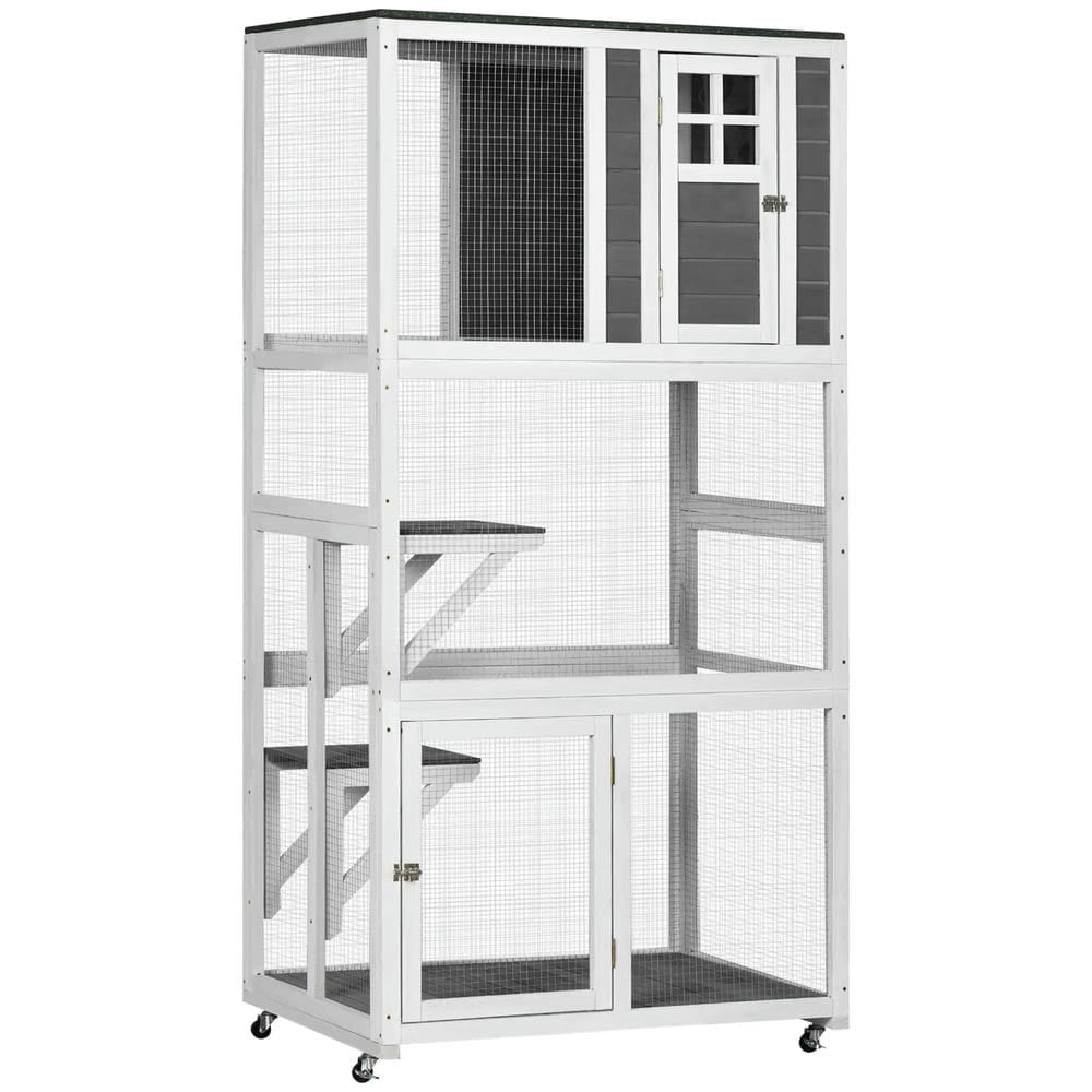 Topcobe 74" Wooden Catio Outdoor Cat House Weatherproof & Wheeled, Outside Cat Enclosure with High Weight Capacity, Kitten Cage Condo, Outside Pet Shelter, Small Animal Habitat, Dark Gray