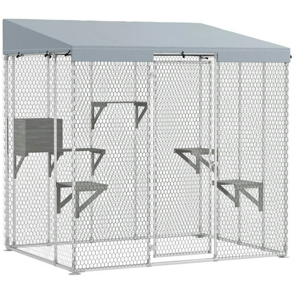 Topcobe 79" Galvanized Steel Large Catio with Waterproof Canopy, Sleeping Box, Jumping Platforms, for 1-3 Kittens, Outside Pet Shelter, Small Animal Habitat, Silver