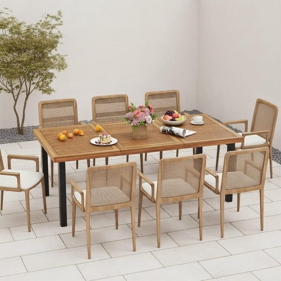 Topcobe 79 Inch Acacia Wood Dining Table 8-Person Patio Table with 1.9 Inch Umbrella Hole and Adjustable Foot Pads, Outdoor Patio Furniture for Garden Backyard Pool Deck