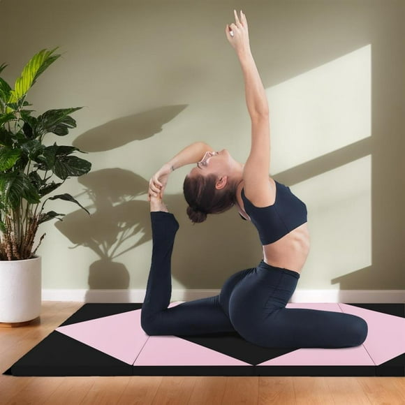 Topcobe 8 Feet PU Leather Folding Gymnastics Mat with Hook and Loop Fasteners, Easy to Clean Gym Mat, Gymnastics Equipment for Activity Play, Black & Pink