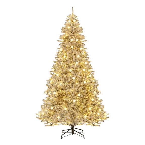 Topcobe 8 Feet Snow-flocked Artificial Christmas Tree Pre-lit Hinged with 81 Sphere Lights and Remote, Christmas Decorations for Indoor Party