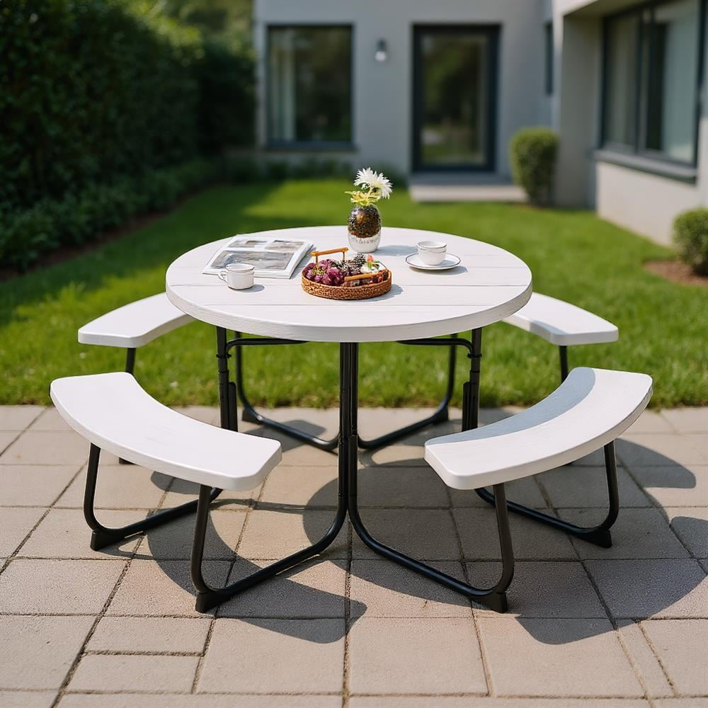 Topcobe 8-Person Outdoor Picnic Table and Bench Set with Umbrella Hole, Outdoor Patio Furniture for Balcony Garden Backyard-White Topcobe 8-Person Outdoor Picnic Table and Bench Set with Umbrella Hole, Outdoor Patio Furniture for Balcony Garden Backyard-White