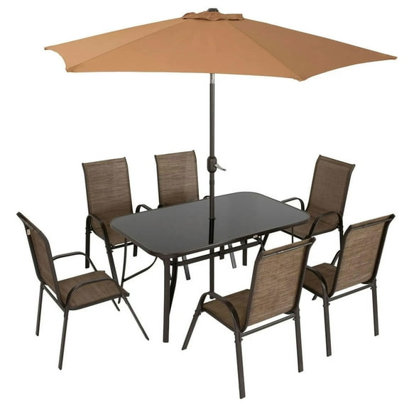 Topcobe 8-Piece Outdoor Dining Set, 9FT Patio Umbrella, Sturdy Table & Chairs, Light Brown Resin, Perfect for Backyard, Deck