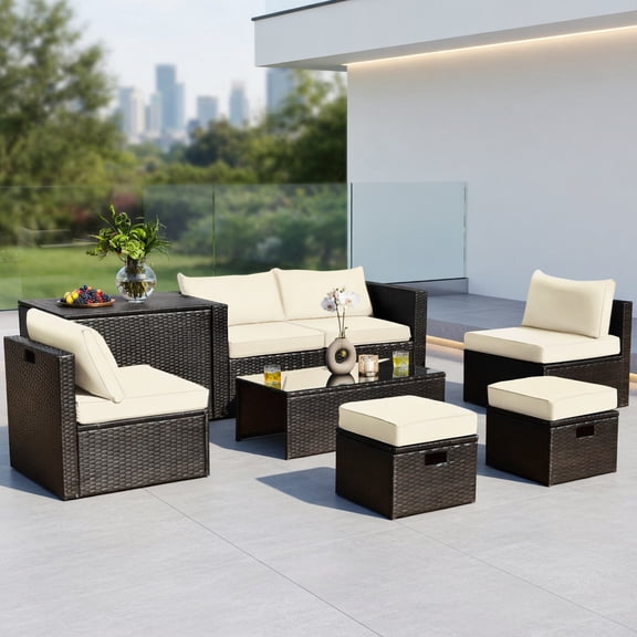 Topcobe 8 Pieces Patio Space-Saving Rattan Furniture Set with Storage Box and Waterproof Cover, Outdoor Deck Furniture, White