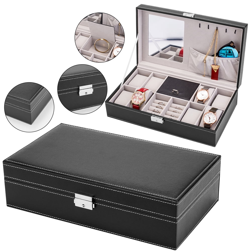 Topcobe 8 Slots Jewelry Box with Lock and Mirror, Watch Organizer Storage Case for Men Women, Black