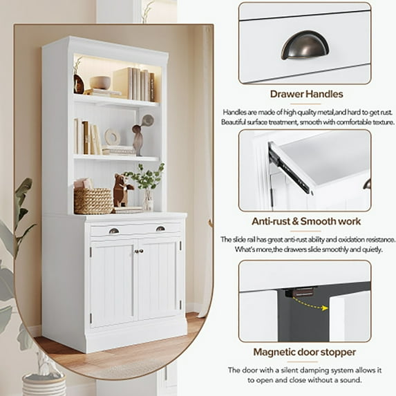 Topcobe 83.4" Corner Bookshelf with LED Lighting, Modern Bookcase with 2 Doors and 1 Drawer, Storage Bookshelf for Living Room, Home Office, White