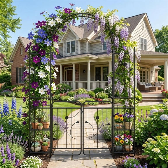 Topcobe 87 Inch Tall Garden Arch with Gate Planter Shelves Climbing Trellises, 0utdoor Plant Stand Tall, Corner Display Rack