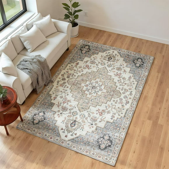 Topcobe 8x10 Area Rug, Vintage Machine Washable Rug, Non-Slip Carpet for Living Room, Bedroom, Dining Room, Stylish Decorative Carpet for Comfort, Brown and Green