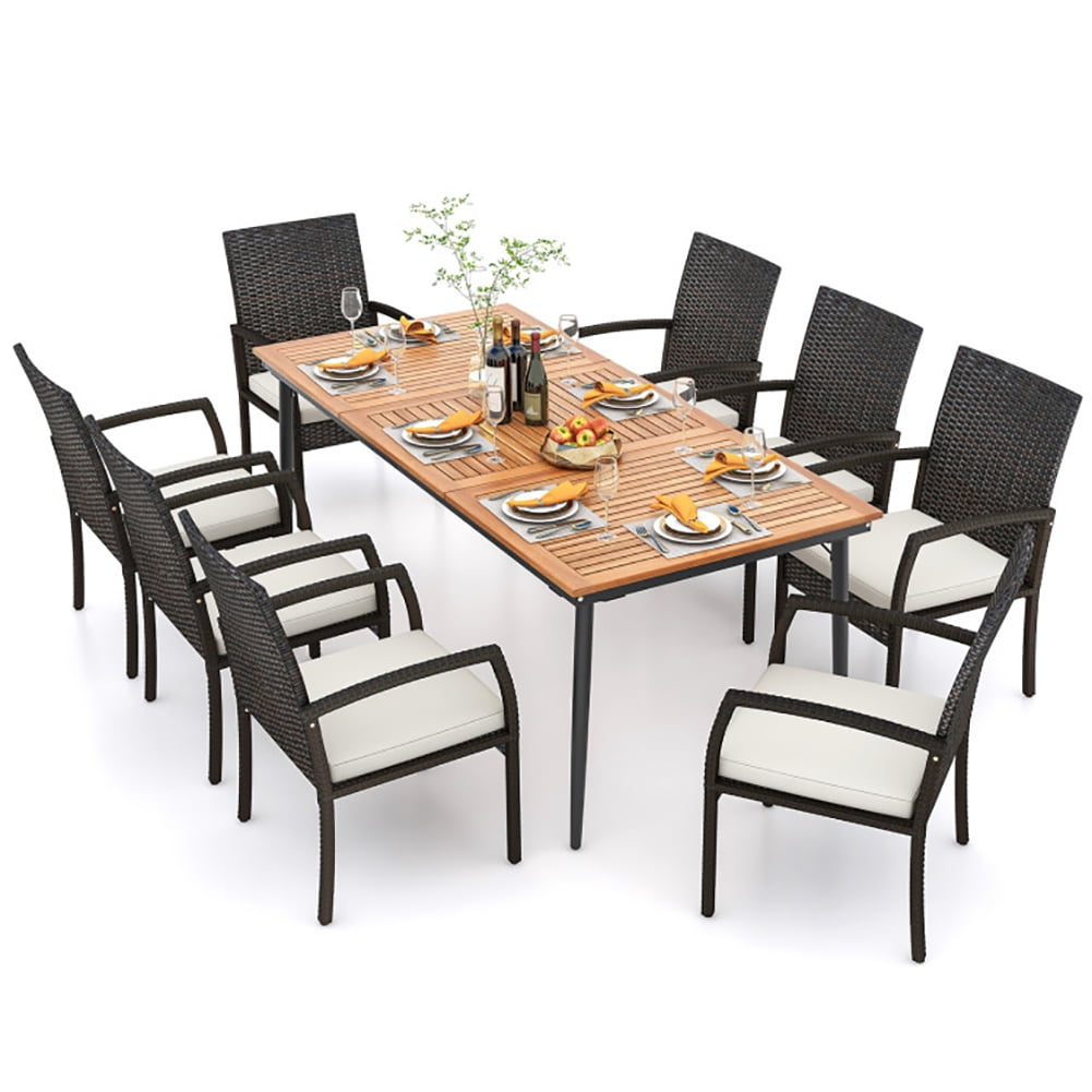 Topcobe 9-Piece Patio Dining Set with Umbrella Hole and 8 Rattan-woven Dining Chairs with Seat Cushions, Modern Patio Furniture