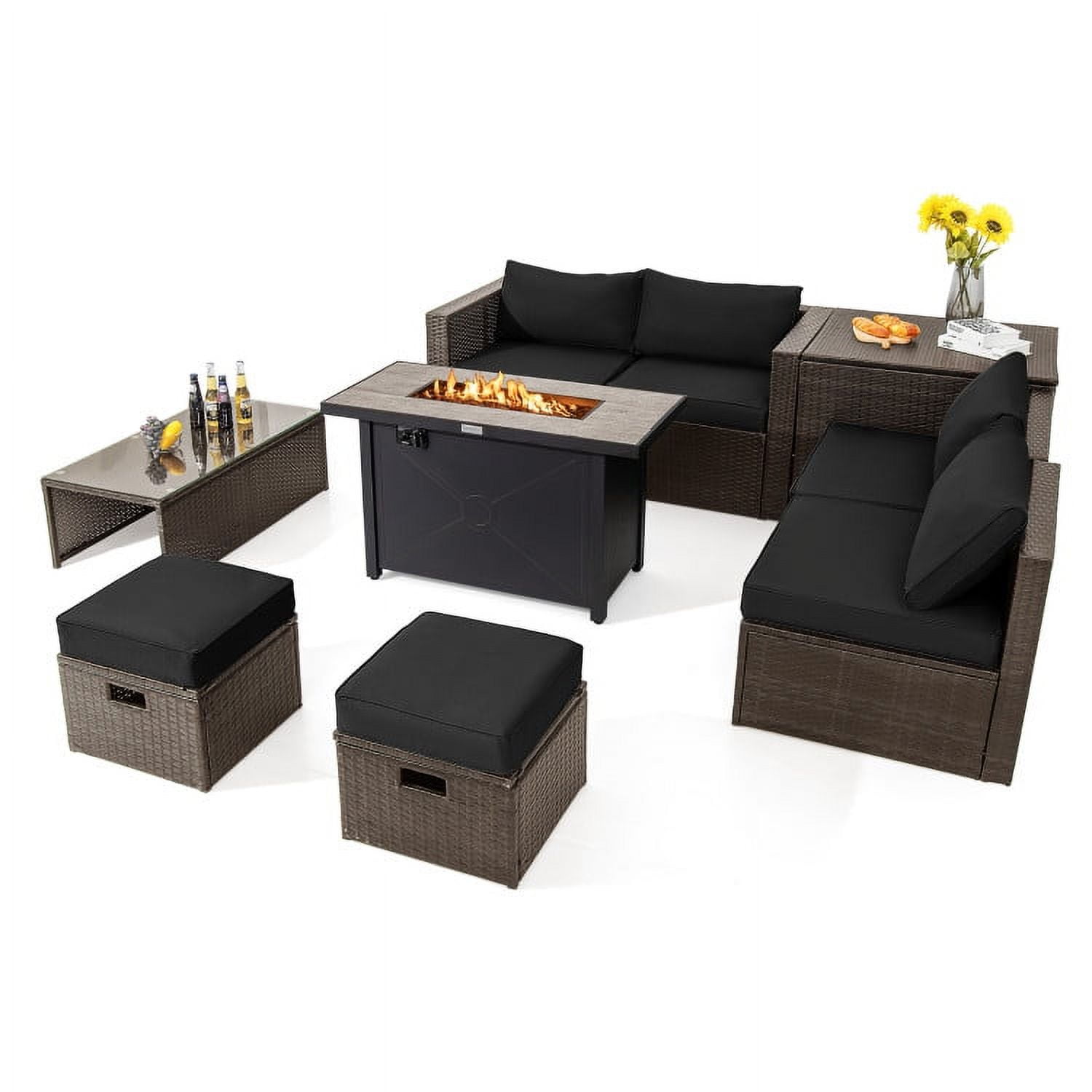 Topcobe 9 Pieces Outdoor Patio Furniture Set with 42 Inch Propane Fire Pit Table, Outdoor Deck Furniture, Black