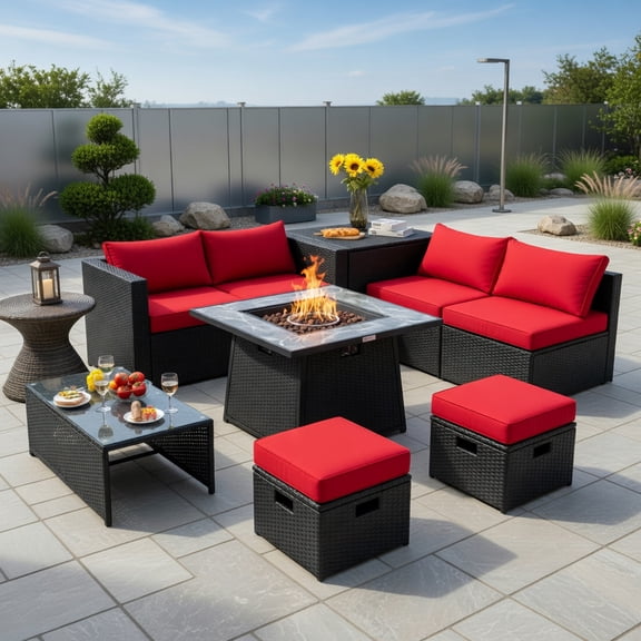 Topcobe 9 Pieces Outdoor Wicker Sectional with 35 Inch Gas Fire Pit Table, Modern Patio Furniture Set-Red