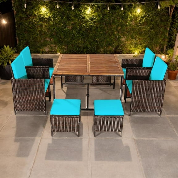 Topcobe 9 Pieces Patio Rattan Dining Cushioned Chairs Set, Outdoor Deck Furniture, Turquoise