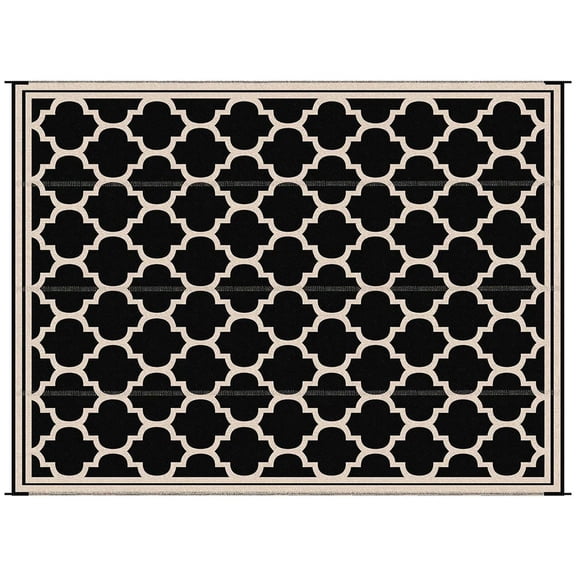Topcobe 9' x 12' Modern Outdoor Rug, Plastic, Reversible and Folding Rug, with Four Straps, for Camping, Deck, Beach, Outdoor Floor Mat for RV Camping, Black