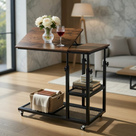 Topcobe Adjustable C-Shaped Bedside Table, Fashionable Couch Table for Sofa Laptop Coffee Snack, Living Room Furniture, Brown