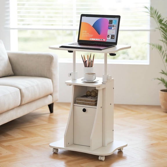 Topcobe Adjustable Mobile Standing Desk Cart with Tilt Desktop and Cabinet, Computer Workstations for Living Room, Bedroom, White