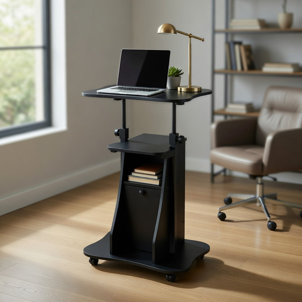 Topcobe Adjustable Mobile Standing Desk Cart with Tilt Desktop and Cabinet, Perfect Addition to Home, Office, Kitchen, Dining Room, Black